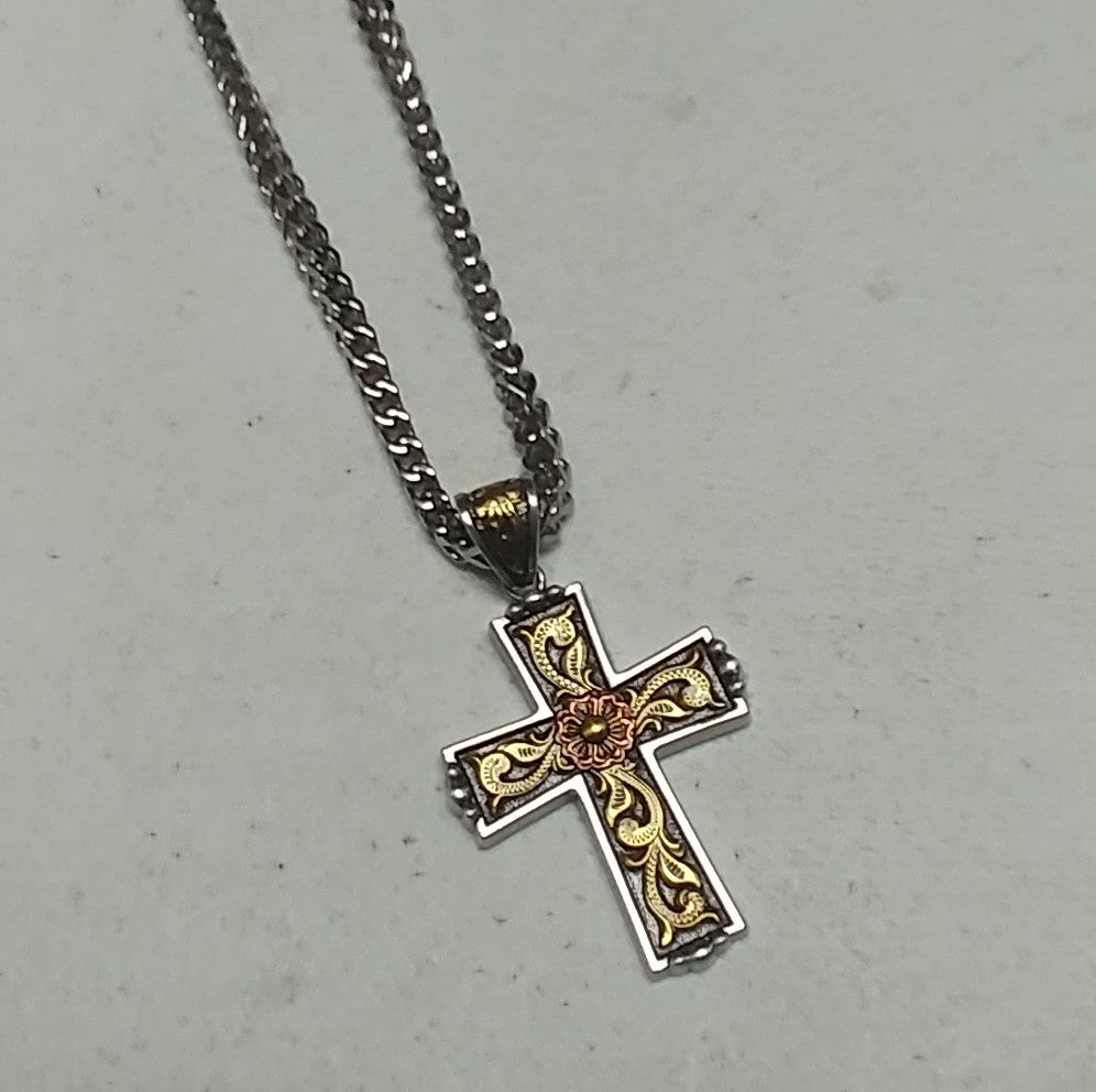 Twister Western Jewelry Men's Necklace Chain - Floral Scroll Cross Pendant 2 thumbnail image