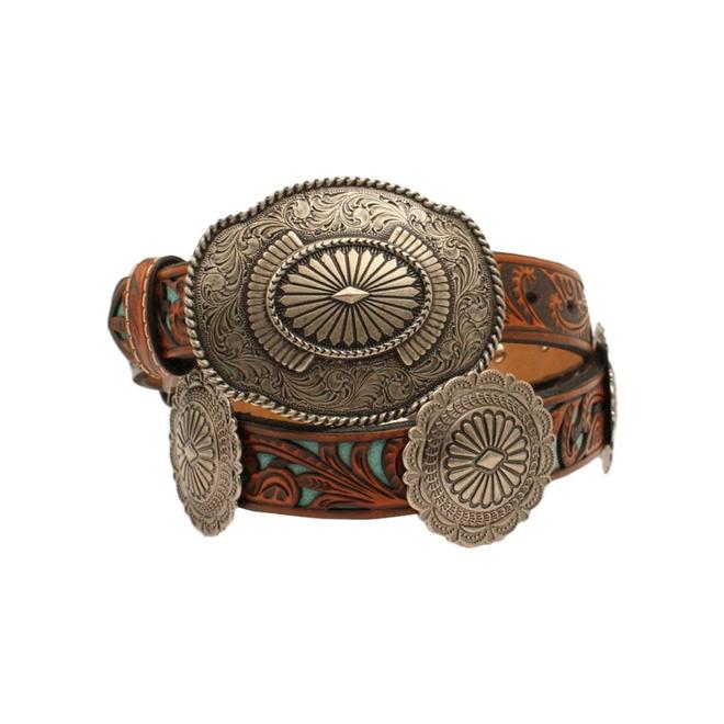 NEW ARIAT women\'s underlay cutout leather western belt in brown/turquoise Ariat® Ladies main image 2