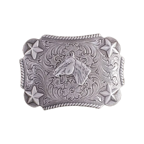 Nocona Youth Silver Rectangular Horse Star Belt Buckle