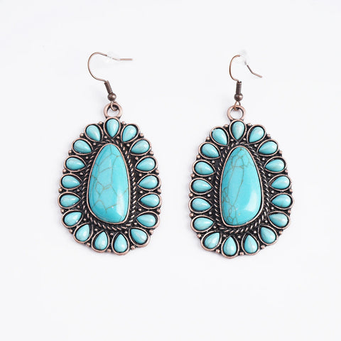 Copper Base with Turquoise Stone Blossom Oval Shape Dangling Earring