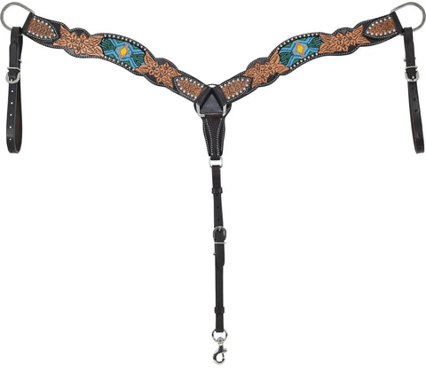 Rafter T Breast Collar with Carving, TT Finish, SS Spots & Beaded Cactus Inlay
