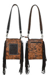 Crossbody Ladies Bag with Floral Carving, Rawhide Buckstitching, Carved Strap & Brown Fringes
