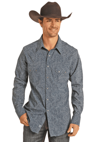 Rock & Roll Blue Paisley Men's Long Sleeve Snap Shirt