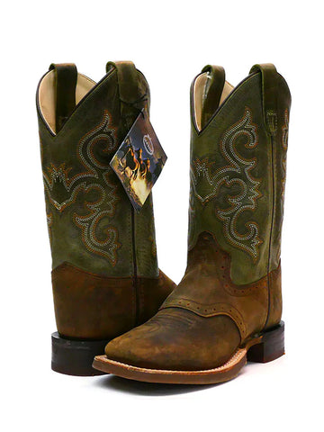 Old West Kid's Square Toe Western Boot Olive Green