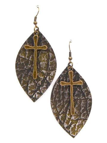 Leaf Shape Leather Texture Earring with Cross Charm