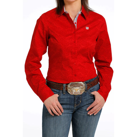 Cinch Ladies Red Paisley Print Button Down Shirt