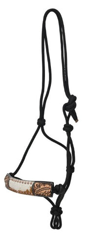 Rope Halter with with Cowhide, two tone leather tooling and Brass Accents