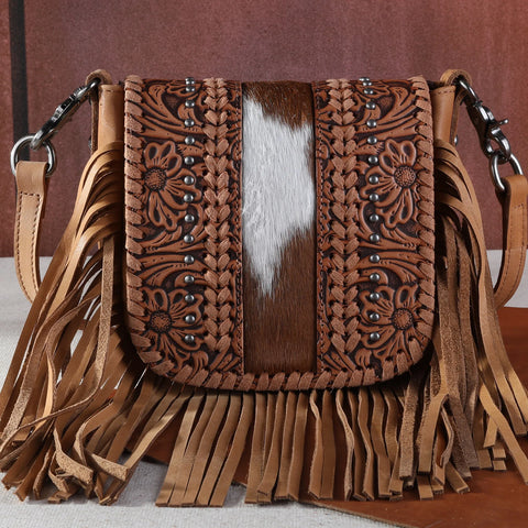 Montana West Genuine Leather Tooled Collection Fringe Crossbody