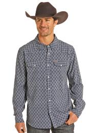 Rock & Roll Blue Medallion Print Men's Long Sleeve Snap Shirt