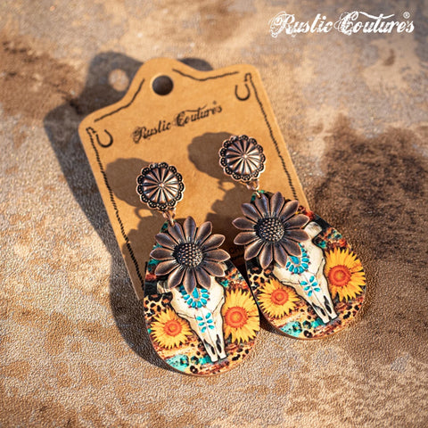 RUSTIC COUTURE'S METAL SUNFLOWER WOOD PAINTED BULL SKULL DANGLING EARRING