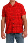 MEN'S TRIBAL PRINT SHORT SLEEVE CAMP SHIRT - RED