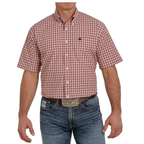 Men's Pink Plaid Short Sleeve Button Up