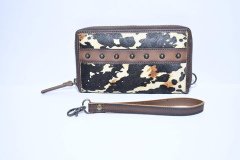 Wallet – Large with Peppered HairOn. Cotton Drill Brown leather, with brass closures.