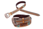 Belt – 1.5″ TQ Sun Spots, Tooling, TT Finishing & Turquoise Zuni with a Copper Buckle
