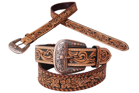 Belt Flower Tooling, TT Finish,Black Inlay Coloring,Brown Whipstitch & TE with a Copper Buckle