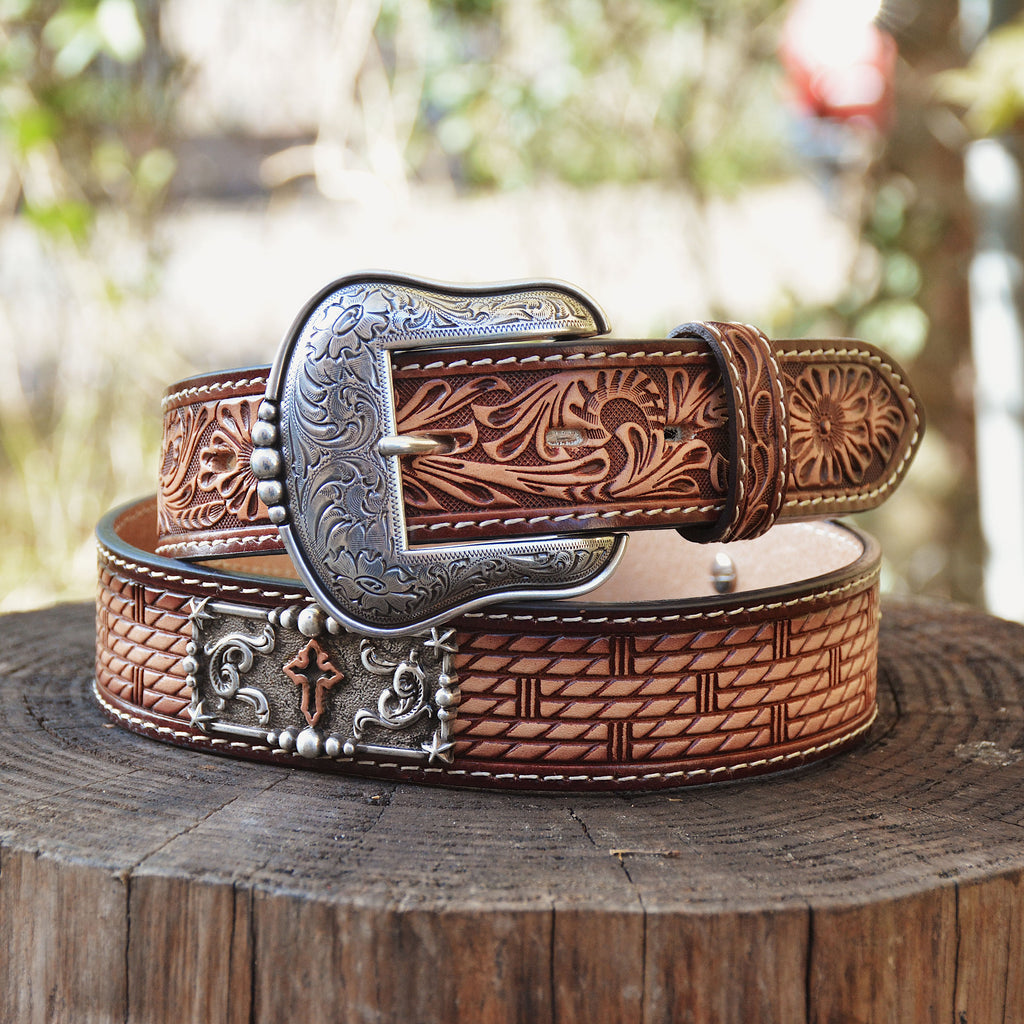Men's 3D Western Belt Mens Floral Tabs Cross Concho Tooled