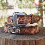 Men’s 3D Western Belt Mens Floral Tabs Cross Concho Tooled