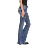 Grace in LA Women's Medium Wash with Aztec Embroidery and Leather Accent Pockets Flare Leg Jeans