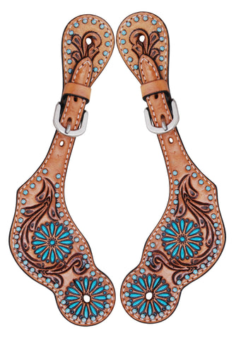 Ladies Spur Strap with TQ Sun Spots, Tooling, TT Finishing & Turquoise Zuni