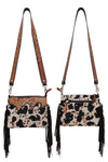 Crossbody Bag- 10″(W) x 8″(H) – Peppered Cowhide Hair On with Tooled leather scalloped top and Tooled Leather Strap