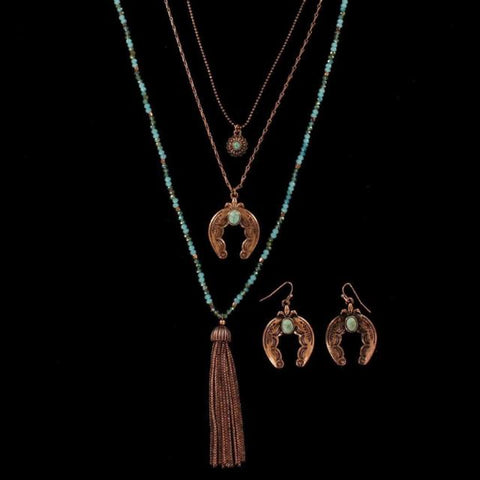 Blazin Roxx Womens Jewelry Necklace Set Tassel Squash Blossom Turq Copper