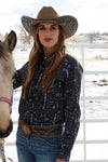 WOMEN'S BUTTON-DOWN WESTERN SHIRT - NAVY / GOLD