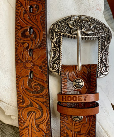 Hooey Brown Feather and Floral Filigree Embossed Belt