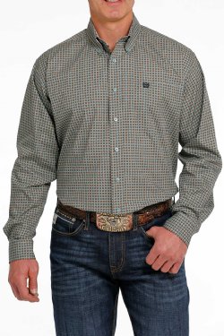 MEN'S MEDALLION BUTTON-DOWN WESTERN SHIRT - TEAL / ORANGE